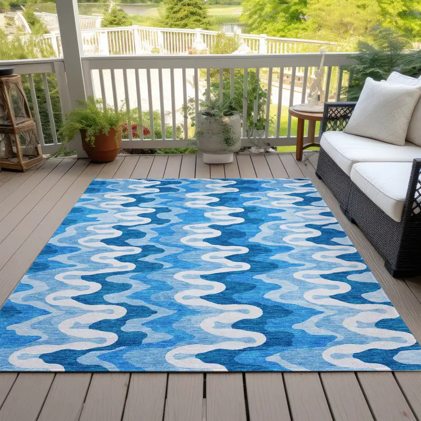 Sky Blue Denim Blue And Ivory Abstract Washable Indoor Outdoor Area Rug Photo 5