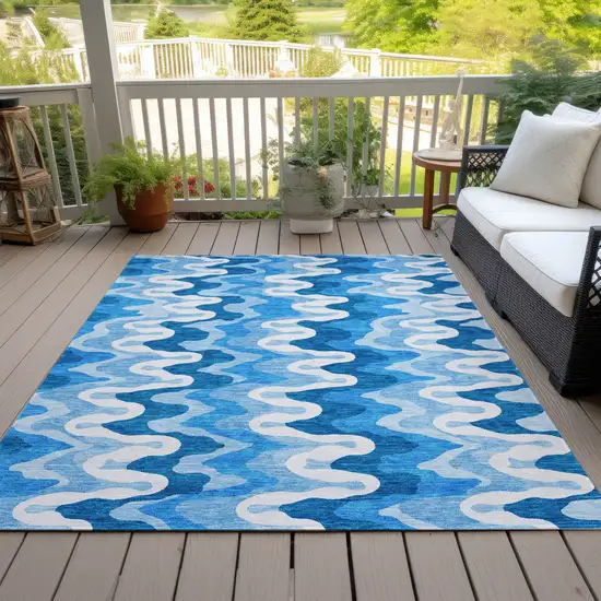 Sky Blue Denim Blue And Ivory Abstract Washable Indoor Outdoor Area Rug Photo 5