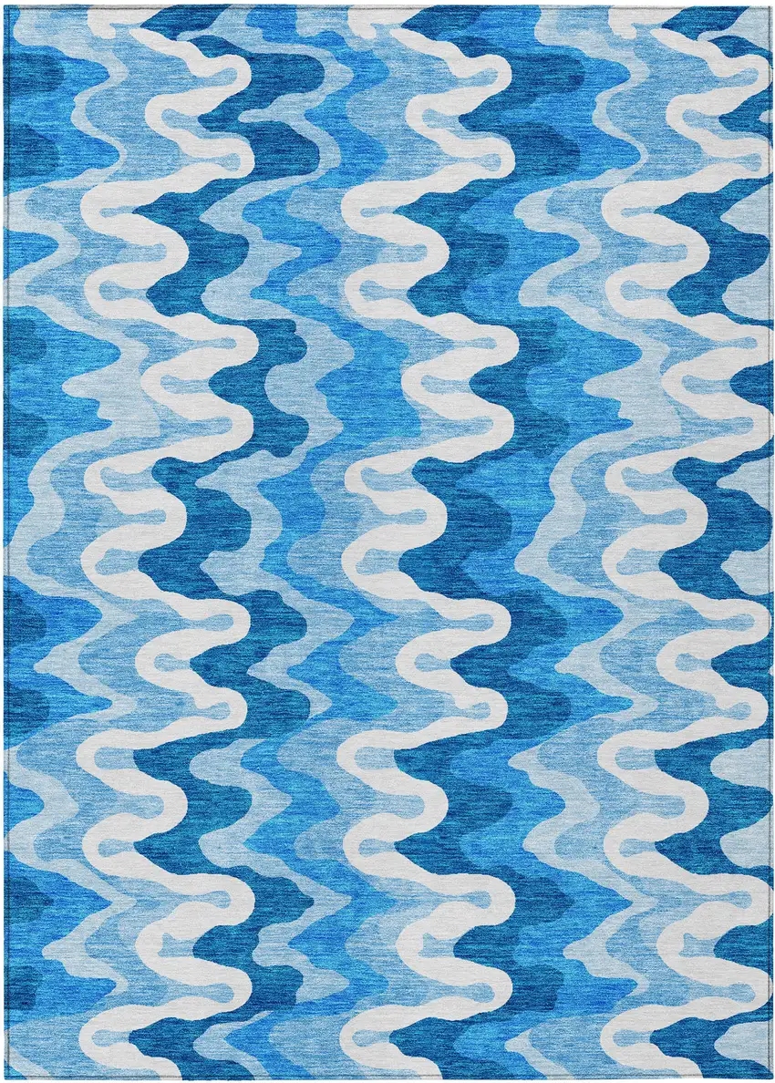 Sky Blue Denim Blue And Ivory Abstract Washable Indoor Outdoor Area Rug Photo 1