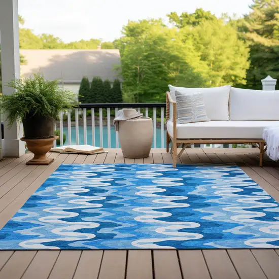 Sky Blue Denim Blue And Ivory Abstract Washable Indoor Outdoor Area Rug Photo 8