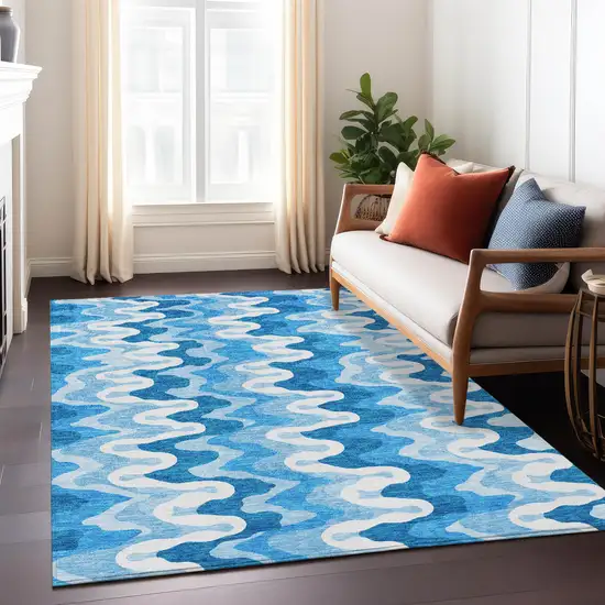Sky Blue Denim Blue And Ivory Abstract Washable Indoor Outdoor Area Rug Photo 7