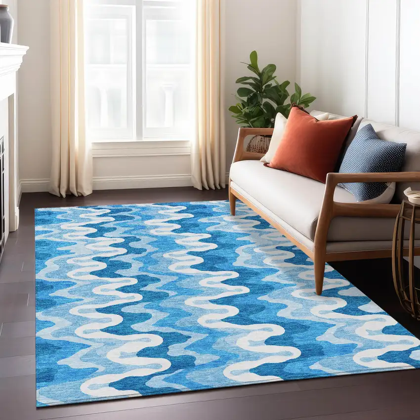 Sky Blue Denim Blue And Ivory Abstract Washable Indoor Outdoor Area Rug Photo 7