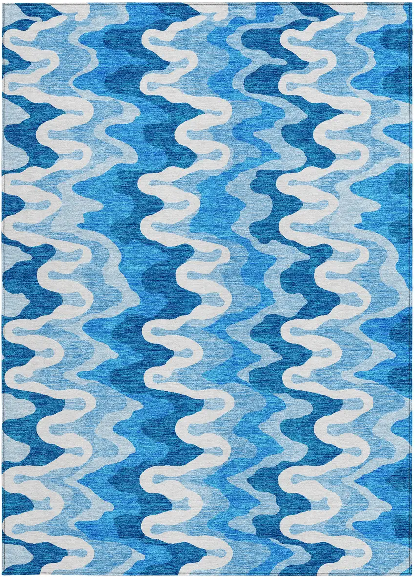 Sky Blue Denim Blue And Ivory Abstract Washable Indoor Outdoor Area Rug Photo 4