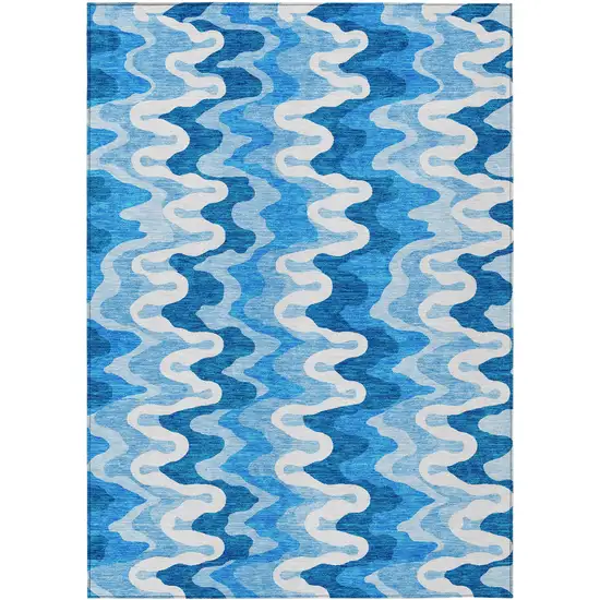 Sky Blue Denim Blue And Ivory Abstract Washable Indoor Outdoor Area Rug Photo 1