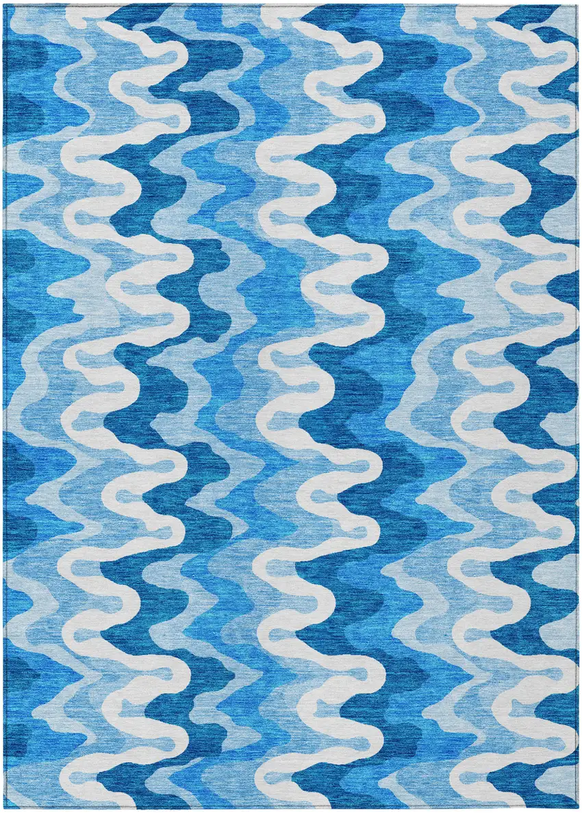 Sky Blue Denim Blue And Ivory Abstract Washable Indoor Outdoor Area Rug Photo 1