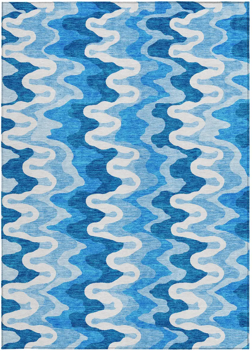 Sky Blue Denim Blue And Ivory Abstract Washable Indoor Outdoor Area Rug Photo 4