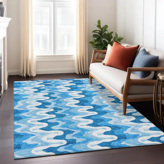 Sky Blue Denim Blue And Ivory Abstract Washable Indoor Outdoor Area Rug Photo 7