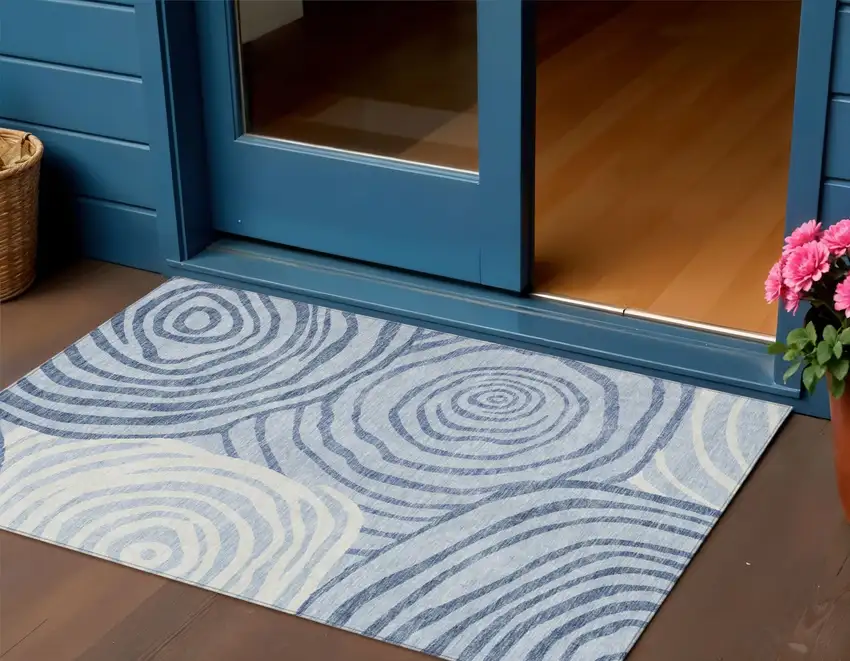 Sky Blue Denim Blue And Ivory Abstract Washable Indoor Outdoor Area Rug Photo 1