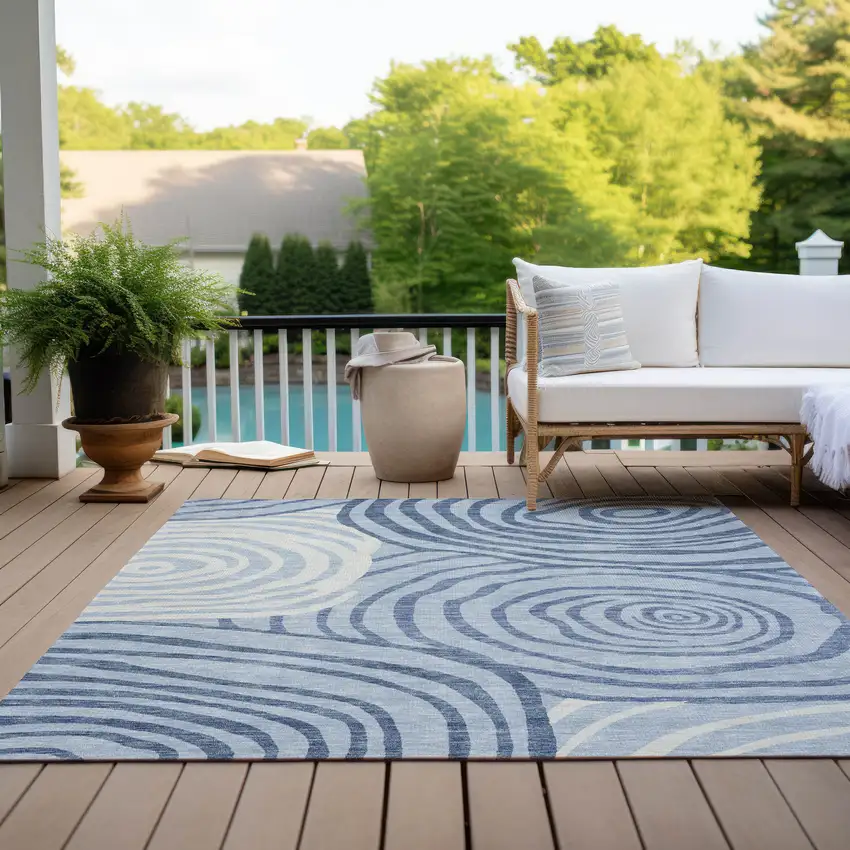Sky Blue Denim Blue And Ivory Abstract Washable Indoor Outdoor Area Rug Photo 9