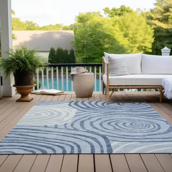 Sky Blue Denim Blue And Ivory Abstract Washable Indoor Outdoor Area Rug Photo 9