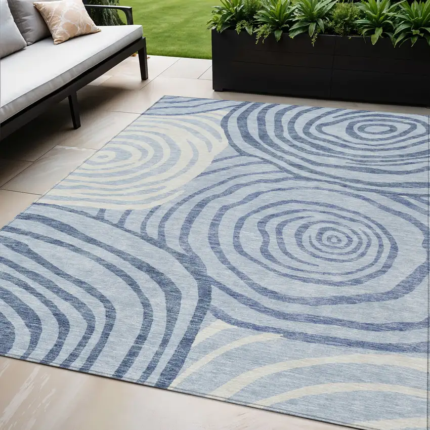 Sky Blue Denim Blue And Ivory Abstract Washable Indoor Outdoor Area Rug Photo 1