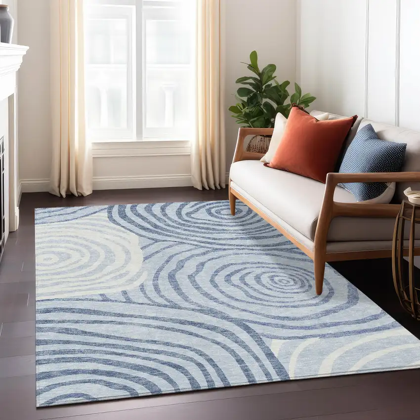 Sky Blue Denim Blue And Ivory Abstract Washable Indoor Outdoor Area Rug Photo 8