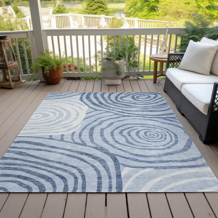 Sky Blue Denim Blue And Ivory Abstract Washable Indoor Outdoor Area Rug Photo 6