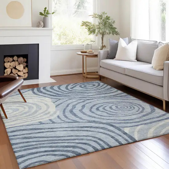 Sky Blue Denim Blue And Ivory Abstract Washable Indoor Outdoor Area Rug Photo 7