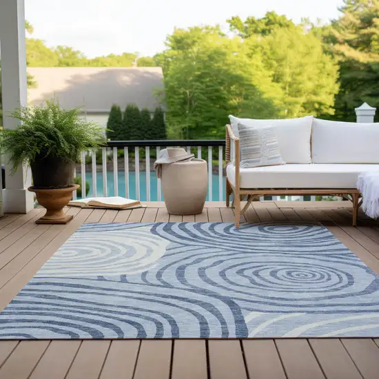 Sky Blue Denim Blue And Ivory Abstract Washable Indoor Outdoor Area Rug Photo 9