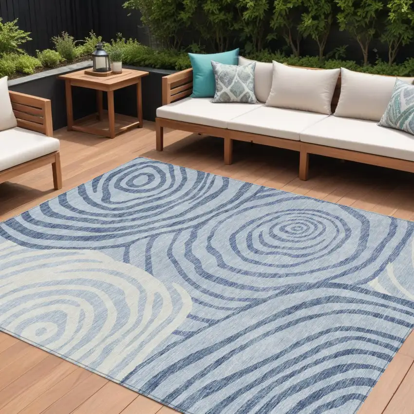 Sky Blue Denim Blue And Ivory Abstract Washable Indoor Outdoor Area Rug Photo 1