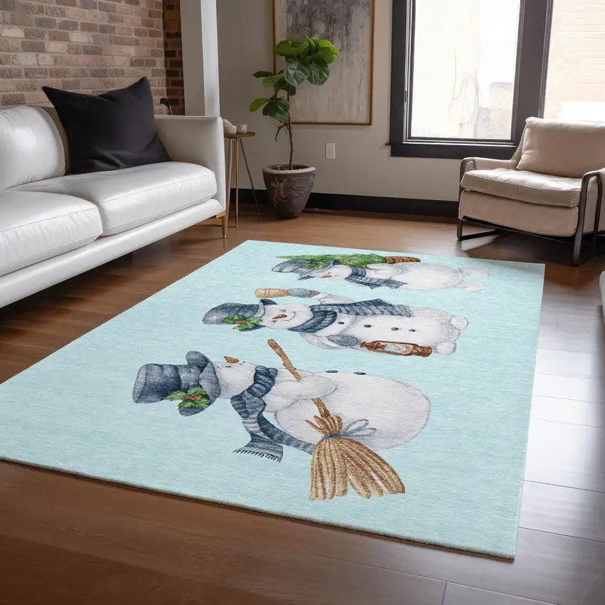 Sky Blue Denim Blue And Ivory Snowmen Washable Indoor Outdoor Area Rug Photo 6