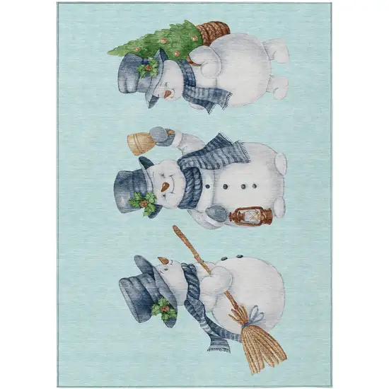 Sky Blue Denim Blue And Ivory Snowmen Washable Indoor Outdoor Area Rug Photo 2