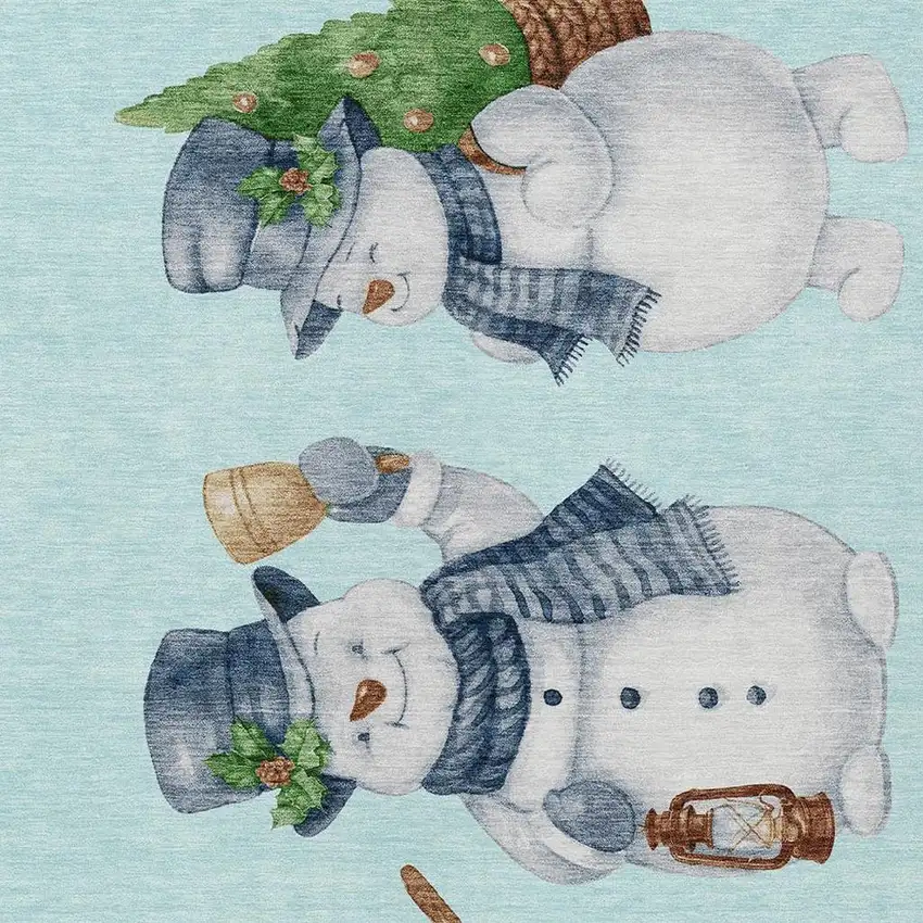 Sky Blue Denim Blue And Ivory Snowmen Washable Indoor Outdoor Area Rug Photo 3