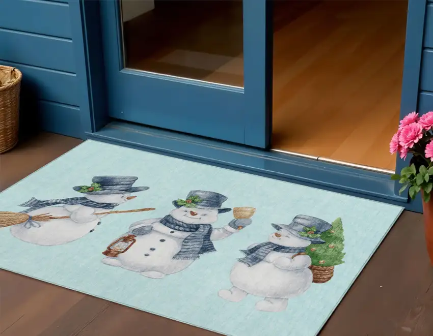 Sky Blue Denim Blue And Ivory Snowmen Washable Indoor Outdoor Area Rug Photo 1