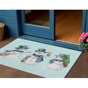 Photo of Sky Blue Denim Blue And Ivory Botanical Leaves Washable Indoor Outdoor Area Rug