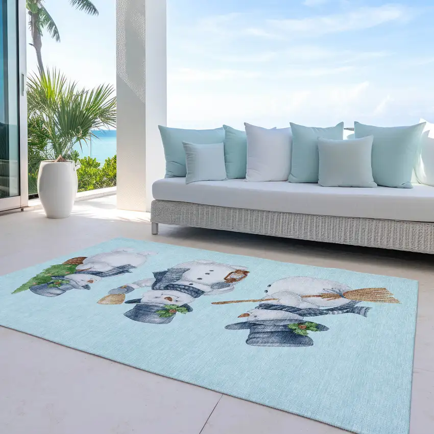 Sky Blue Denim Blue And Ivory Snowmen Washable Indoor Outdoor Area Rug Photo 5
