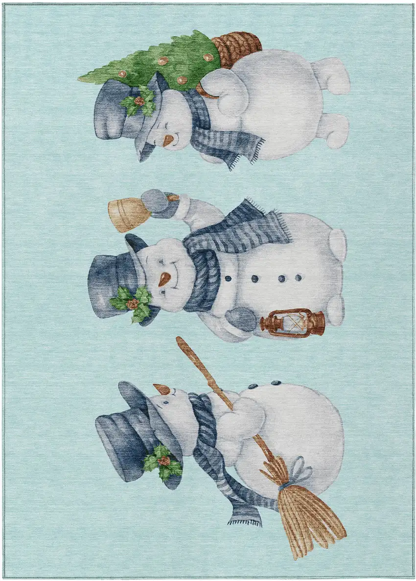 Sky Blue Denim Blue And Ivory Snowmen Washable Indoor Outdoor Area Rug Photo 2