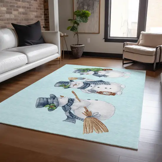 Sky Blue Denim Blue And Ivory Snowmen Washable Indoor Outdoor Area Rug Photo 6