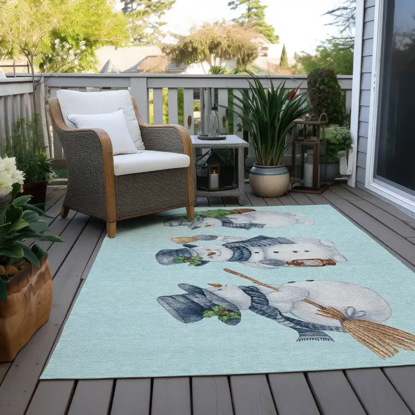 Sky Blue Denim Blue And Ivory Snowmen Washable Indoor Outdoor Area Rug Photo 8