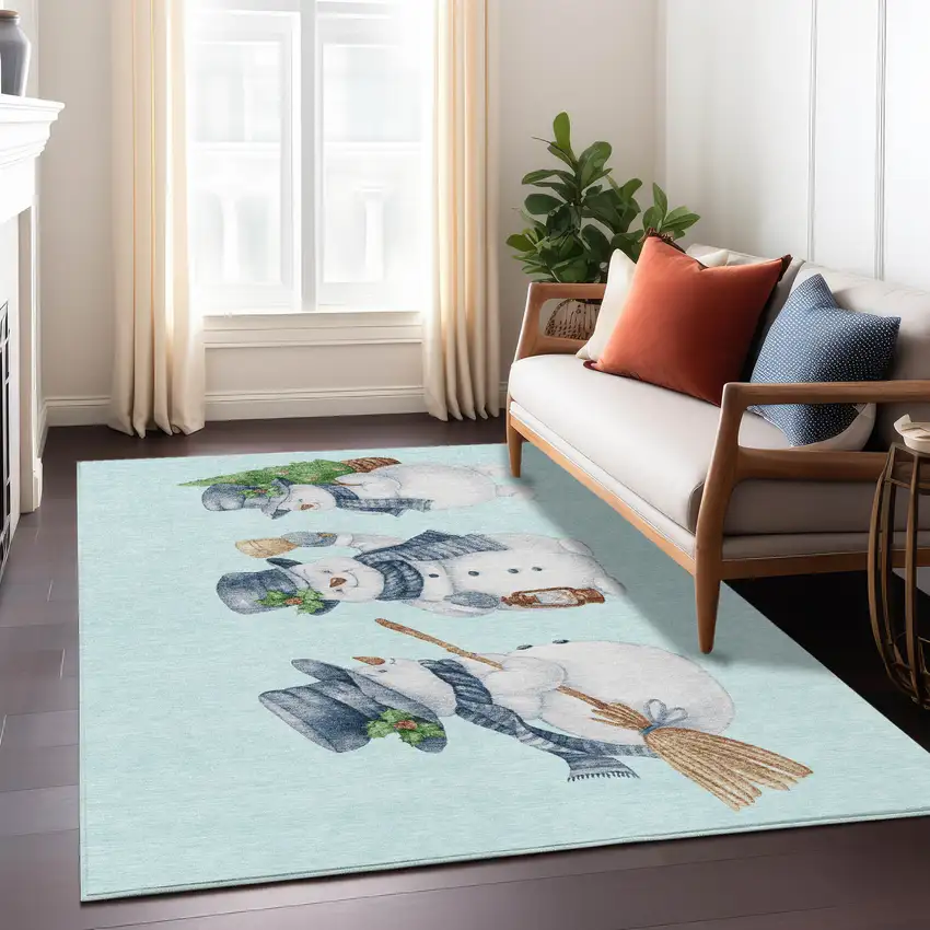 Sky Blue Denim Blue And Ivory Snowmen Washable Indoor Outdoor Area Rug Photo 7