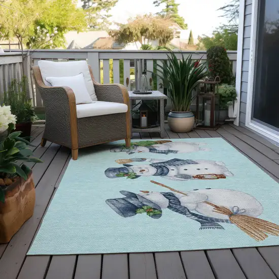 Sky Blue Denim Blue And Ivory Snowmen Washable Indoor Outdoor Area Rug Photo 8