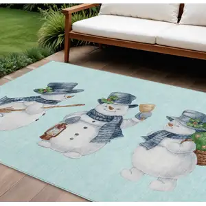 Photo of Sky Blue Denim Blue And Ivory Botanical Leaves Washable Indoor Outdoor Area Rug