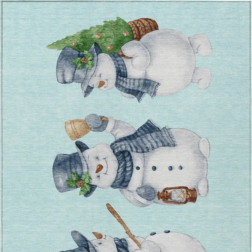 Sky Blue Denim Blue And Ivory Snowmen Washable Indoor Outdoor Area Rug Photo 6