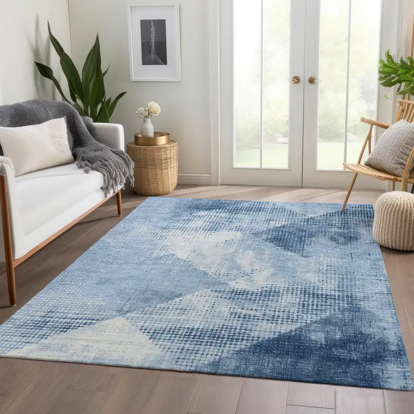 Sky Blue Denim Blue And Ivory Diamond Washable Area Rug With UV Protection Photo 5