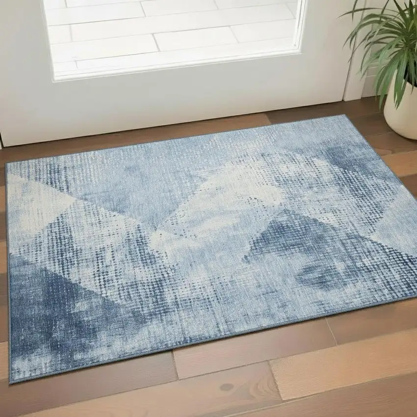 Sky Blue Denim Blue And Ivory Diamond Washable Area Rug With UV Protection Photo 2