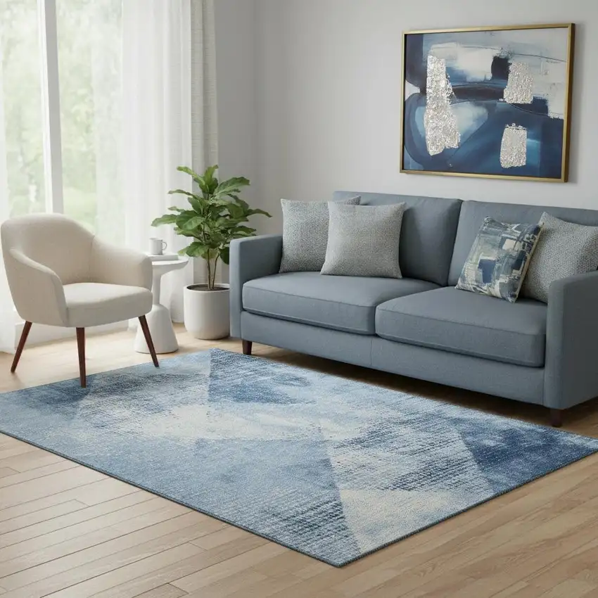 Sky Blue Denim Blue And Ivory Diamond Washable Area Rug With UV Protection Photo 2