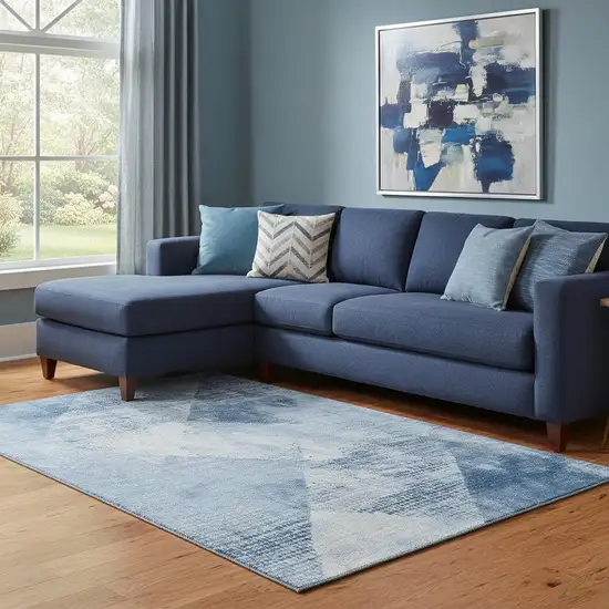 Sky Blue Denim Blue And Ivory Diamond Washable Area Rug With UV Protection Photo 2