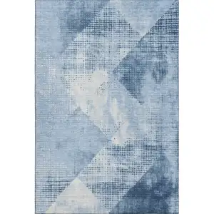 Photo of Sky Blue Denim Blue And Ivory Diamond Washable Area Rug With UV Protection