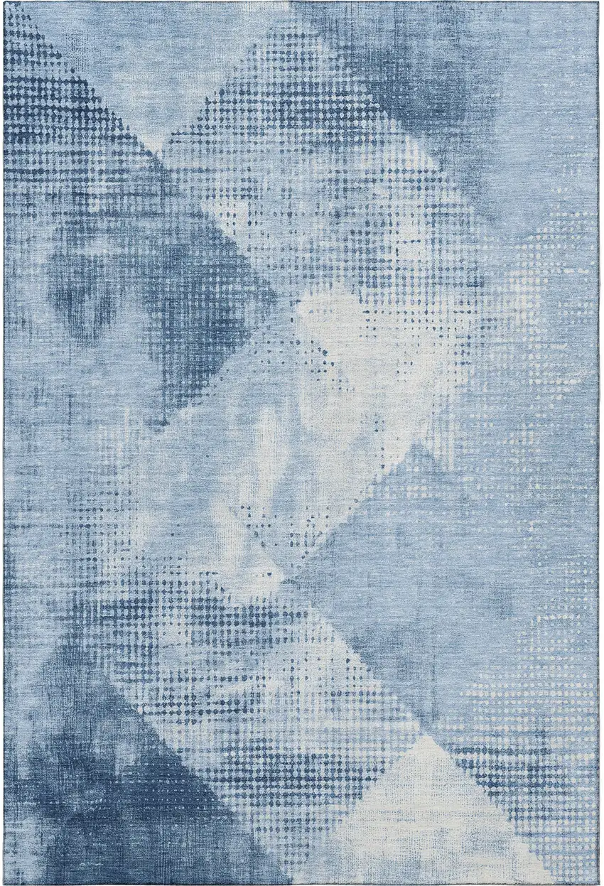 Sky Blue Denim Blue And Ivory Diamond Washable Area Rug With UV Protection Photo 3