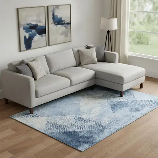 Sky Blue Denim Blue And Ivory Diamond Washable Area Rug With UV Protection Photo 2