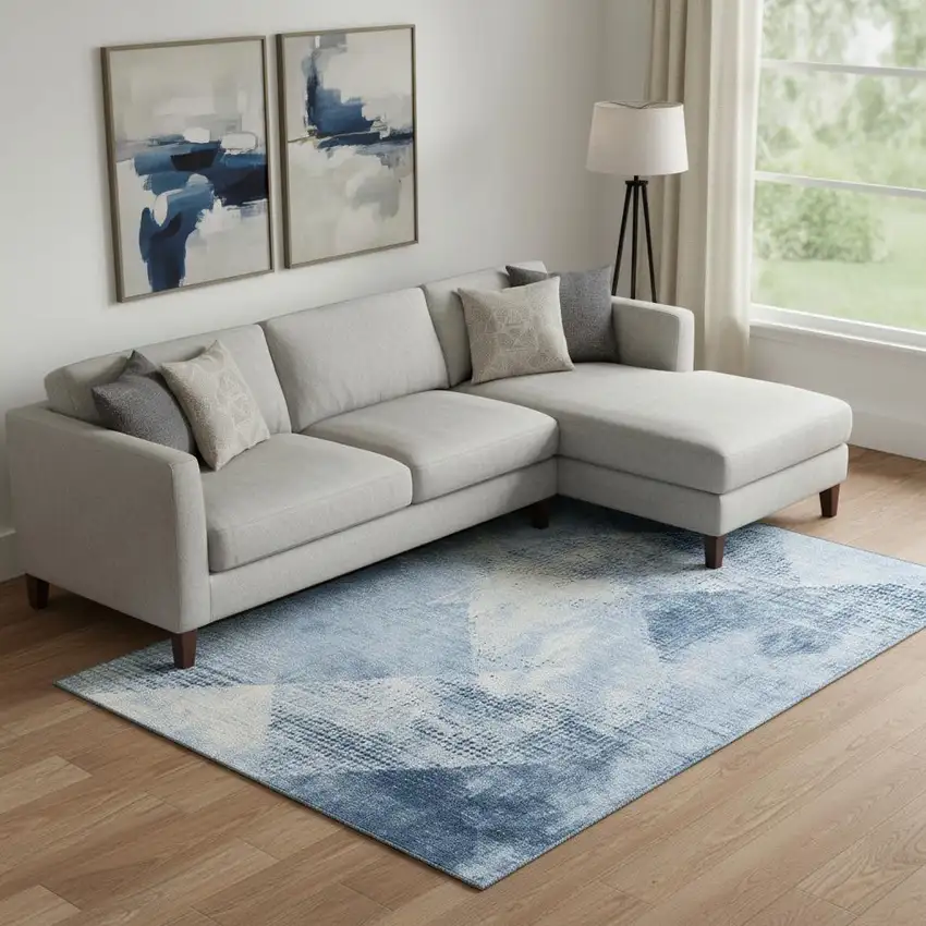 Sky Blue Denim Blue And Ivory Diamond Washable Area Rug With UV Protection Photo 2