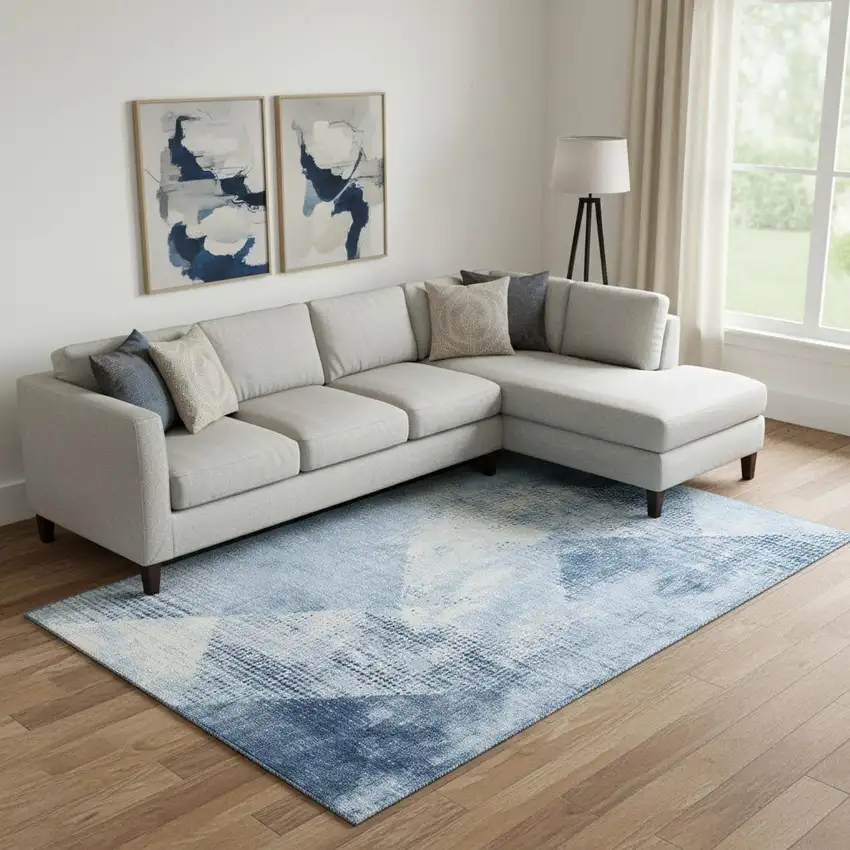 Sky Blue Denim Blue And Ivory Diamond Washable Area Rug With UV Protection Photo 2