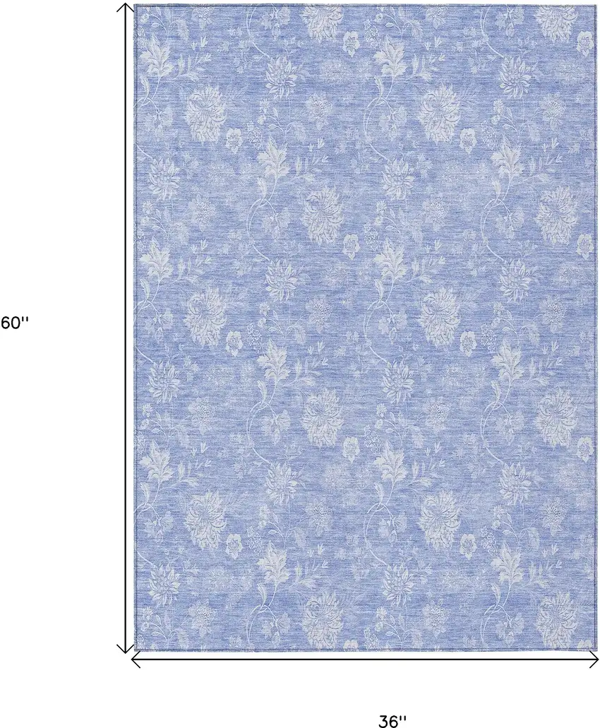 Sky Blue Denim Blue And Ivory Floral Washable Indoor Outdoor Area Rug Photo 3