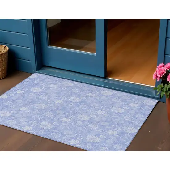 Sky Blue Denim Blue And Ivory Floral Washable Indoor Outdoor Area Rug Photo 1