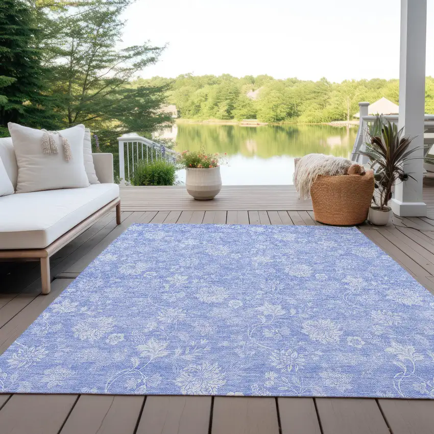 Sky Blue Denim Blue And Ivory Floral Washable Indoor Outdoor Area Rug Photo 9