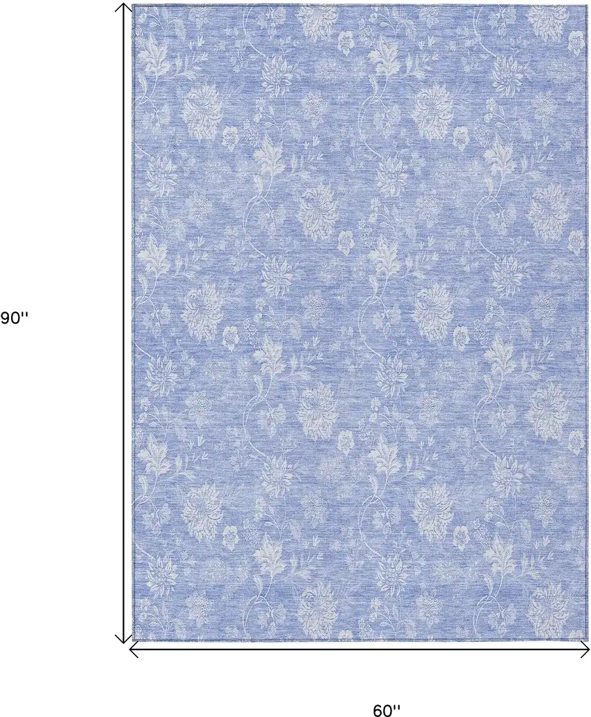 Sky Blue Denim Blue And Ivory Floral Washable Indoor Outdoor Area Rug Photo 3