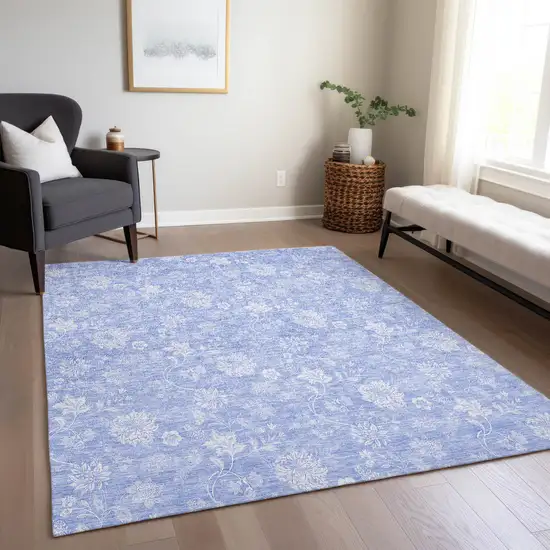 Sky Blue Denim Blue And Ivory Floral Washable Indoor Outdoor Area Rug Photo 9