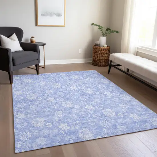 Sky Blue Denim Blue And Ivory Floral Washable Indoor Outdoor Area Rug Photo 9