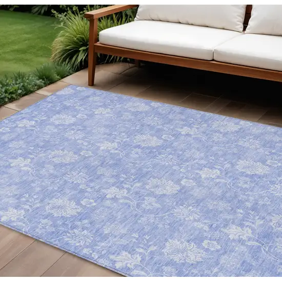 Sky Blue Denim Blue And Ivory Floral Washable Indoor Outdoor Area Rug Photo 1