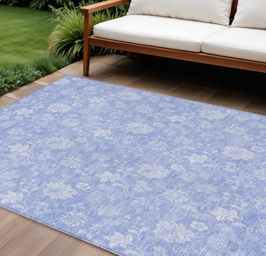 Sky Blue Denim Blue And Ivory Floral Washable Indoor Outdoor Area Rug Photo 1